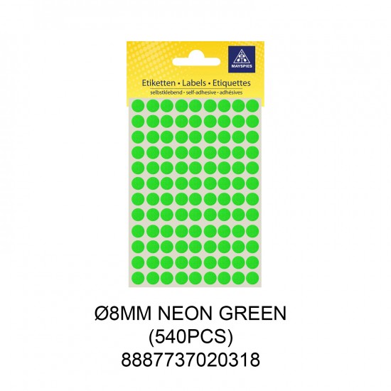 MAYSPIES MS008 COLOUR DOT LABEL / 5 SHEETS/PKT / 540PCS / ROUND 8MM NEON GREEN